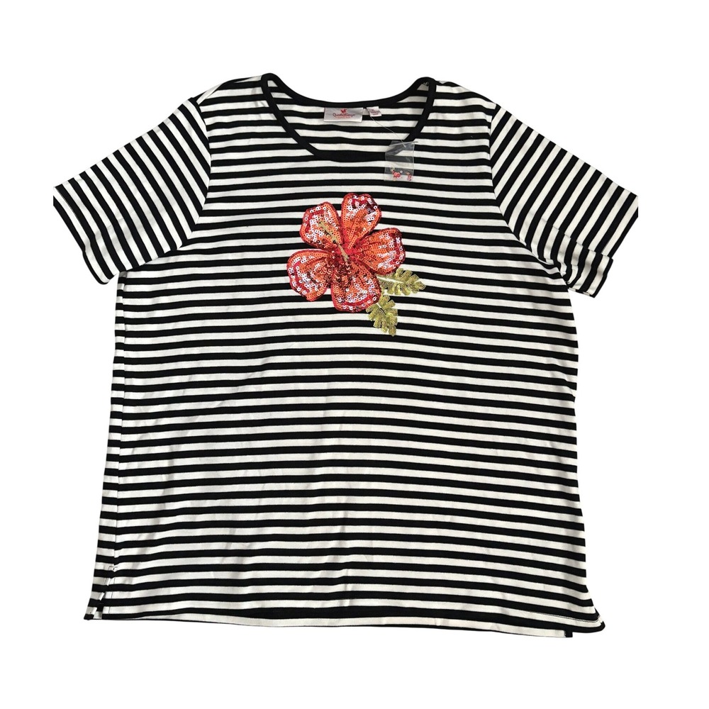 Quacker Factory XL Black & White Striped Tee Top Sparkly Sequin Hibiscus NEW